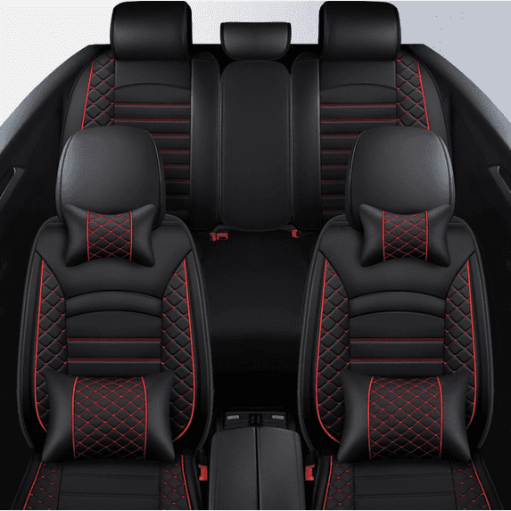 HUONA Leather Car Seat Cover Set Front and Rear 5-Seater Vehicle Seat Protectors with Neck Pillow and Lumbar Pillow Full Set for Kia Sportage 1995-2024, Forte 2010-2023, and More Black-Red