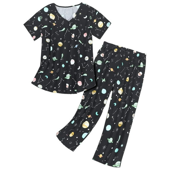 HUONA Plus Size Pj Outfit for Women Pajama Set Loungwear V Neck Tops and Capri Pant 2 Piece Sleepwear Sets Christmas Casual Short Sleeve Pjs Outfits Comfy Lounge Sets Black XXXL