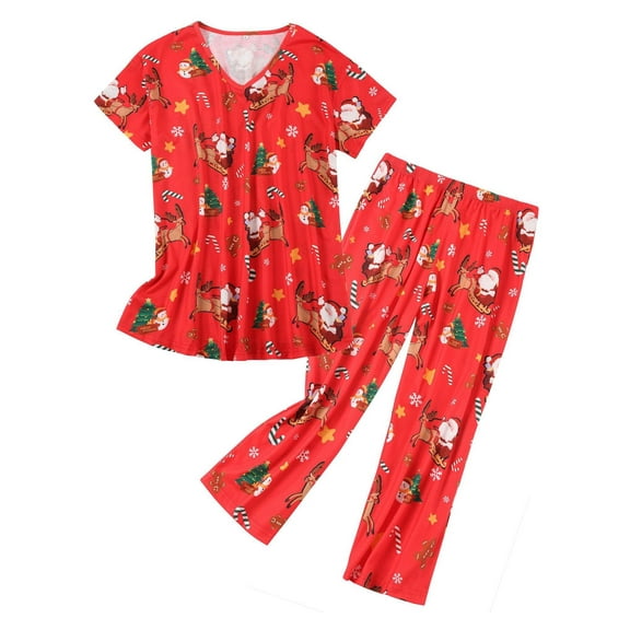 HUONA Plus Size Pj Outfit for Women Pajama Set Loungwear V Neck Tops and Capri Pant 2 Piece Sleepwear Sets Christmas Casual Short Sleeve Pjs Outfits Comfy Lounge Sets Red XXXXXL