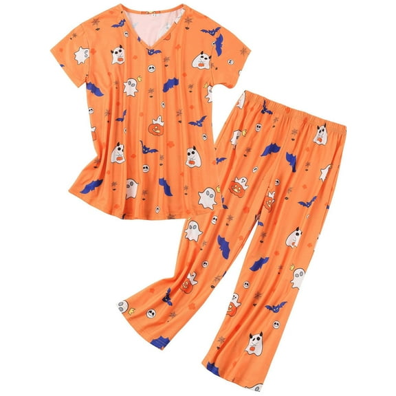 HUONA Plus Size Pj Outfit for Women Pajama Set Loungwear V Neck Tops and Capri Pant 2 Piece Sleepwear Sets Halloween Casual Short Sleeve Pjs Outfits Comfy Lounge Sets Orange XXL