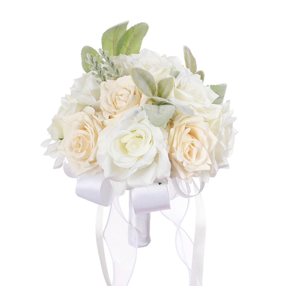 HUONA Rose Bridal Bouquet Bride Bouquet Simulated Rose Flowers Artificial Rose Bouquet Wedding Bouquet for Bride and Bridesmaid Wedding Photos Honeymoon Travel Holiday Gifts White- Light Golden