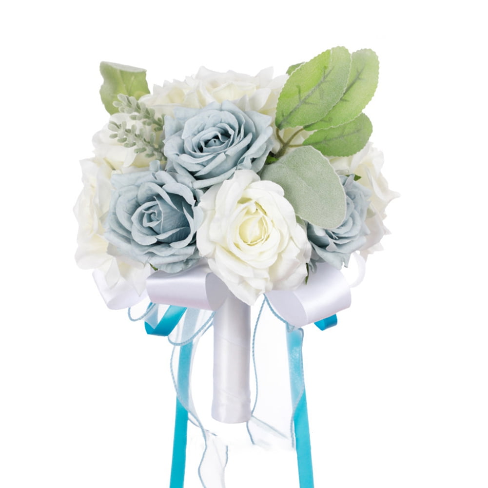 HUONA Rose Bridal Bouquet Bride Bouquet Simulated Rose Flowers Artificial Rose Bouquet Wedding Bouquet for Bride and Bridesmaid Wedding Photos Honeymoon Travel Holiday Gifts White -Light Blue