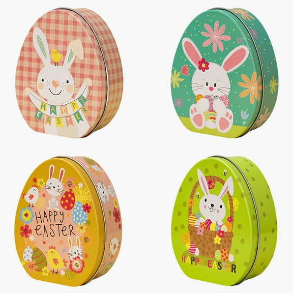 HUONA Set of 4 Easter Bunny Tin Box Easter Egg Shaped Metal Container for Easter Holiday Candy Treats and Gift Storage Festival Party Decoration Supplies Type 1+2+3+4