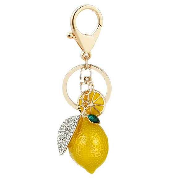 HUONA Simulation Fruit Keychain Creative Alloy Diamond Lemon Car Key Ring Ladies Handbag Mobile Phone Decoration Pendant Gift Yellow