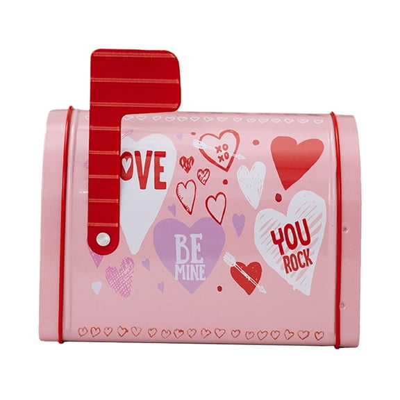 HUONA Valentines Day Tinplate Mailbox Small Decorative Tin Mailbox Metal Candy Cookie Tins Mini Mailbox-Shaped Valentines Day Storage Container Valentines Day Gift Peach