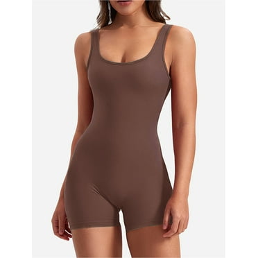 HUONA Women Backless Yoga Bodysuit Square Neck Workout Jumpsuits Sleeveless Short Rompers Athletics Sport Playsuit