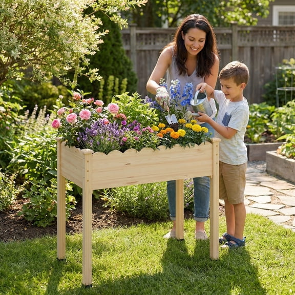 HUONA Wooden Raised Garden Bed with Legs, 34x18x30in Wood Raised Garden Bed , Elevated Planter Box for Vegetables Flowers Herbs, Garden Planter for Backyard Patio Balcony (Natural, S)