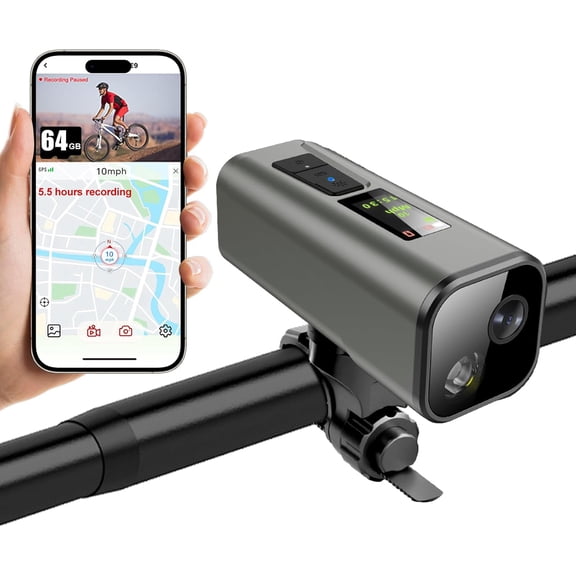 HUPEJOS 4K 30fps Bike Action Camera, Anti-Shake Sport DV with GPS, IP65 Waterproof Cycling Camera with Bike Light, Speedometer Odometer, APP Control, Free 64GB Card, Grey