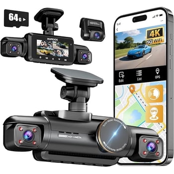 HUPEJOS 4K Dash Cam Front and Rear Inside, 4K+1080P*2 Dash Camera for Cars, 360° 4 Channel 3K+1080P*3 Car Camera, 5GHz Wi-Fi GPS Module, Voice Control, 8 IR Lamps Night Vision, Include 64GB SD Card