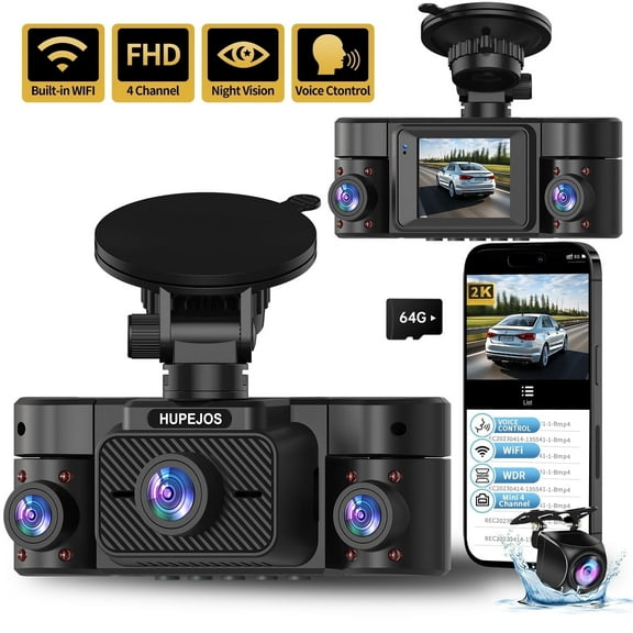 HUPEJOS Dashcam Front and Rear Inside 64GB SD Card Included, Mini Dash Cam for Car, 4-Channel 360° Car Camera, 2" IPS Screen, Voice Control, WDR Night Vision, Parking Mode, WIFI & APP Supported
