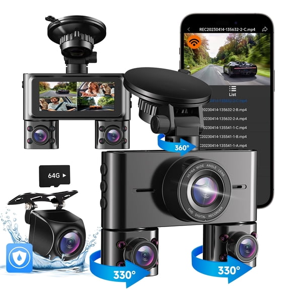 HUPEJOS Dash Cam 4 Channel, 360 Car Camera with 64GB Card, Voice Control, 2K/1080P Mini Dashcam Front and Rear Inside, 8 IR Night Vision, WiFi & APP Supported, 24/7 Parking Mode, 3.16" IPS Screen