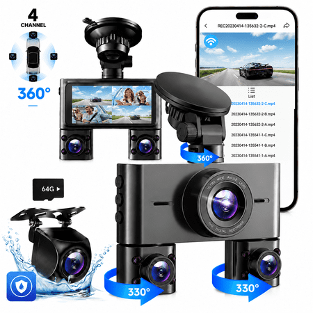 HUPEJOS Dash Cam 4 Channel, 360° Car Camera with 64GB Card, Voice Control, 2K/1080P Mini Dashcam Front and Rear Inside, 8 IR Night Vision, WiFi & APP Supported, 24/7 Parking Mode, 3.16" IPS Screen