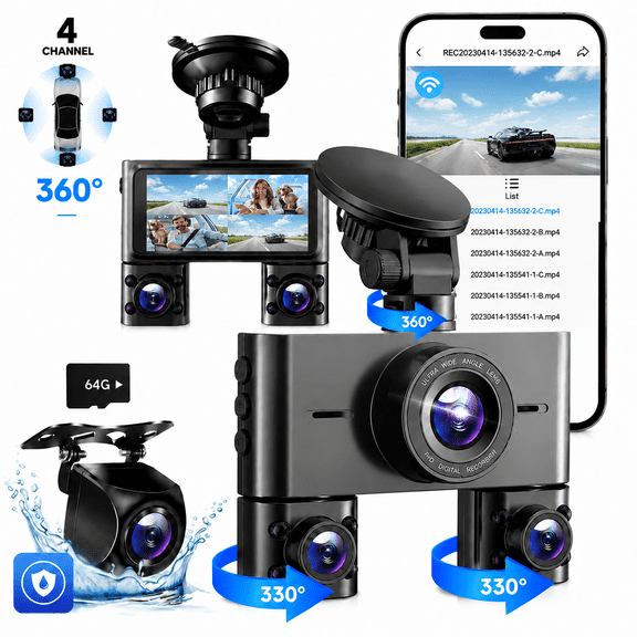 HUPEJOS Dash Cam 4 Channel, 360 Car Camera with 64GB Card, Voice Control, 2K/1080P Mini Dashcam Front and Rear Inside, 8 IR Night Vision, WiFi & APP Supported, 24/7 Parking Mode, 3.16" IPS Screen