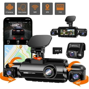 HUPEJOS GPS Dash Cam Front and Rear Inside, 360 Voice Control Car Camera, 4-Channel 1080P Dashcam for Cars, 64GB SD Card Included, 8 IR Night Vision, WDR, APP & WiFi Supported, 24H Parking Mode