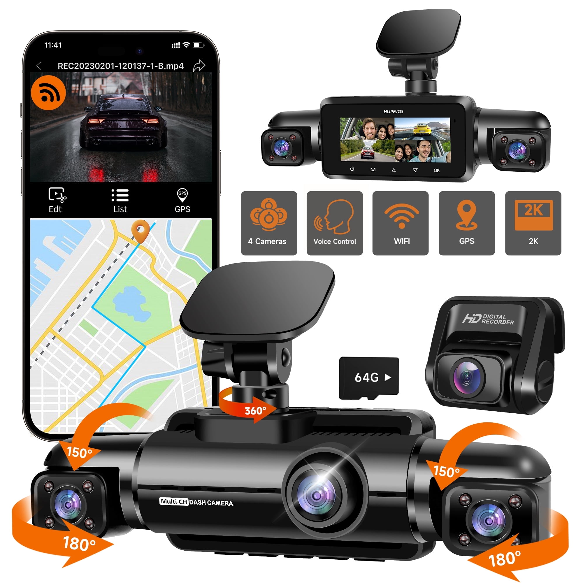 HUPEJOS GPS Dash Cam Front and Rear Inside, 360 Voice Control Car Camera, 4-Channel 1080P Dashcam for Cars, 64GB SD Card Included, Night Vision, WDR, APP & WiFi Supported, 24H Parking Mode