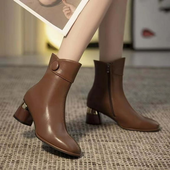 HUPOM Boots For Women Heels High Heel Leather Zip-Up Women'S Mid-Calf Boots Brown 40(US:7)