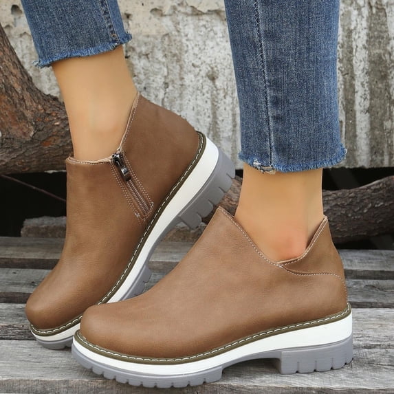 BONIXOOM Boots For Women Pumps Low Heel Leather Slip-On Ankle Boots For Women Khaki 40(US:7.5)