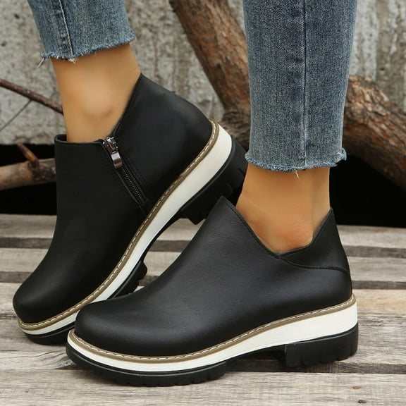 HUPOM Boots For Women Pumps Low Heel Leather Slip-On Women'S Ankle Boots & Booties Black 38(US:6.5)