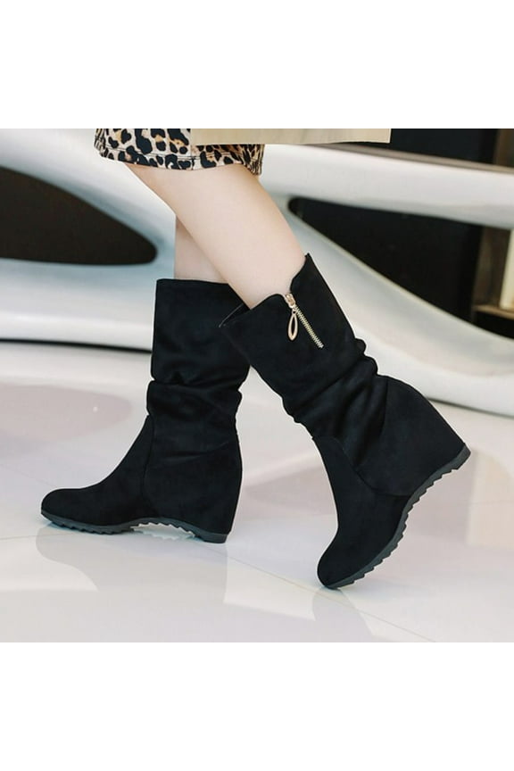 Boots For Women Wedges High Heel Rubber Slip-On Thigh High Boots Black 35(US:4.5)