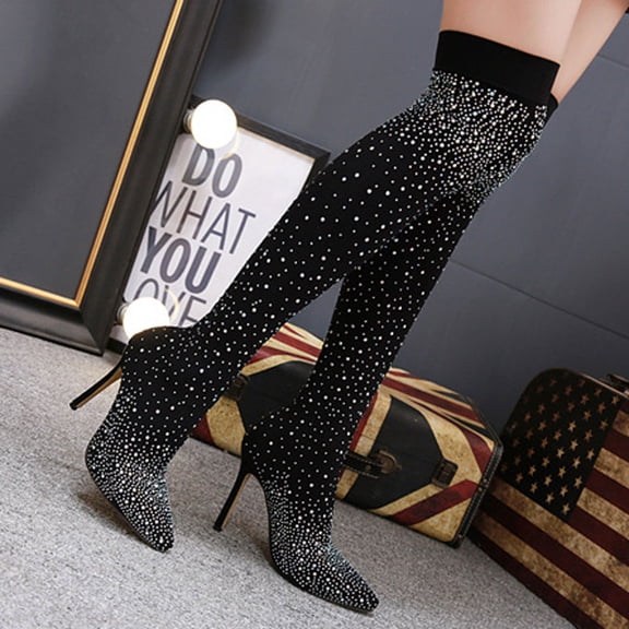 HUPOM Boots For Women Wingtips High Heel Rubber Slip-On Women'S Knee-High Boots Black 41(US:8.5)