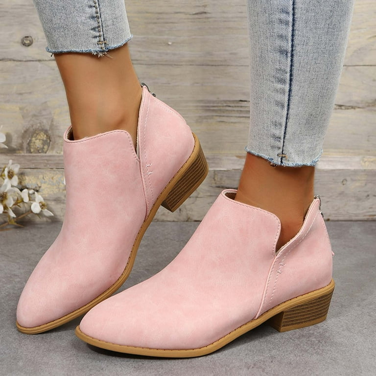 HUPOM Boots For Women Wingtips Low Heel Leather Zip-Up Women'S Ankle Boots  & Booties Pink 41(US:8.5) 
