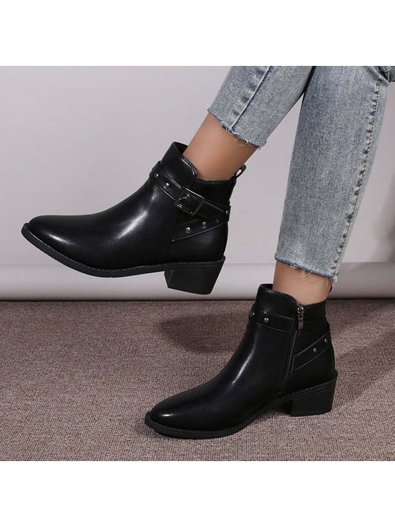Boots For Women Wingtips Mid Heel Leather Buckle Ankle Boots For Women Black 39(US:7)