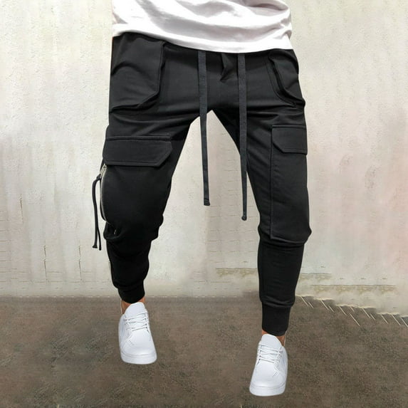 HUPOM Chino Pants For Men Mens Pants Cargo High Waist Rise Full Straight-Leg Black M