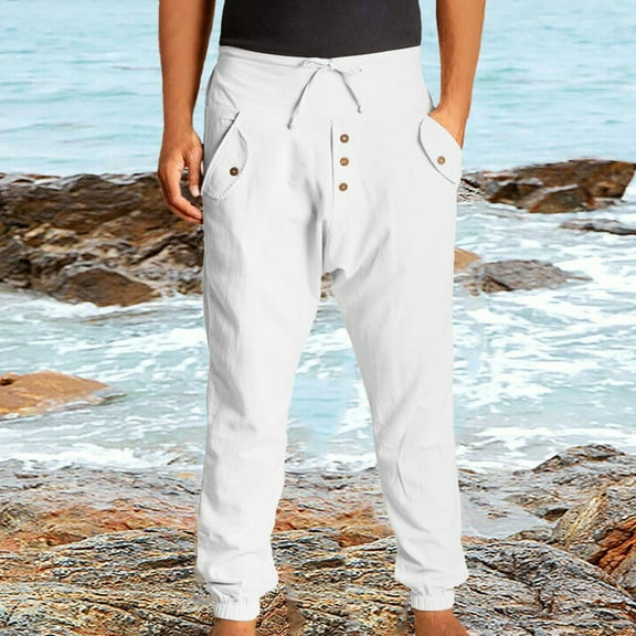 HUPOM Chino Pants For Men Pants Men Chinos High Waist Rise Long Straight-Leg White M