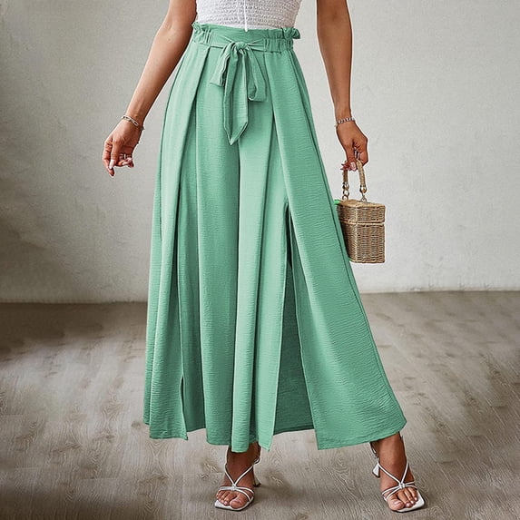 HUPOM Chino Pants For Women Cargo Pants Pleated High Waist Rise Long Flare-Leg Light Blue 2XL