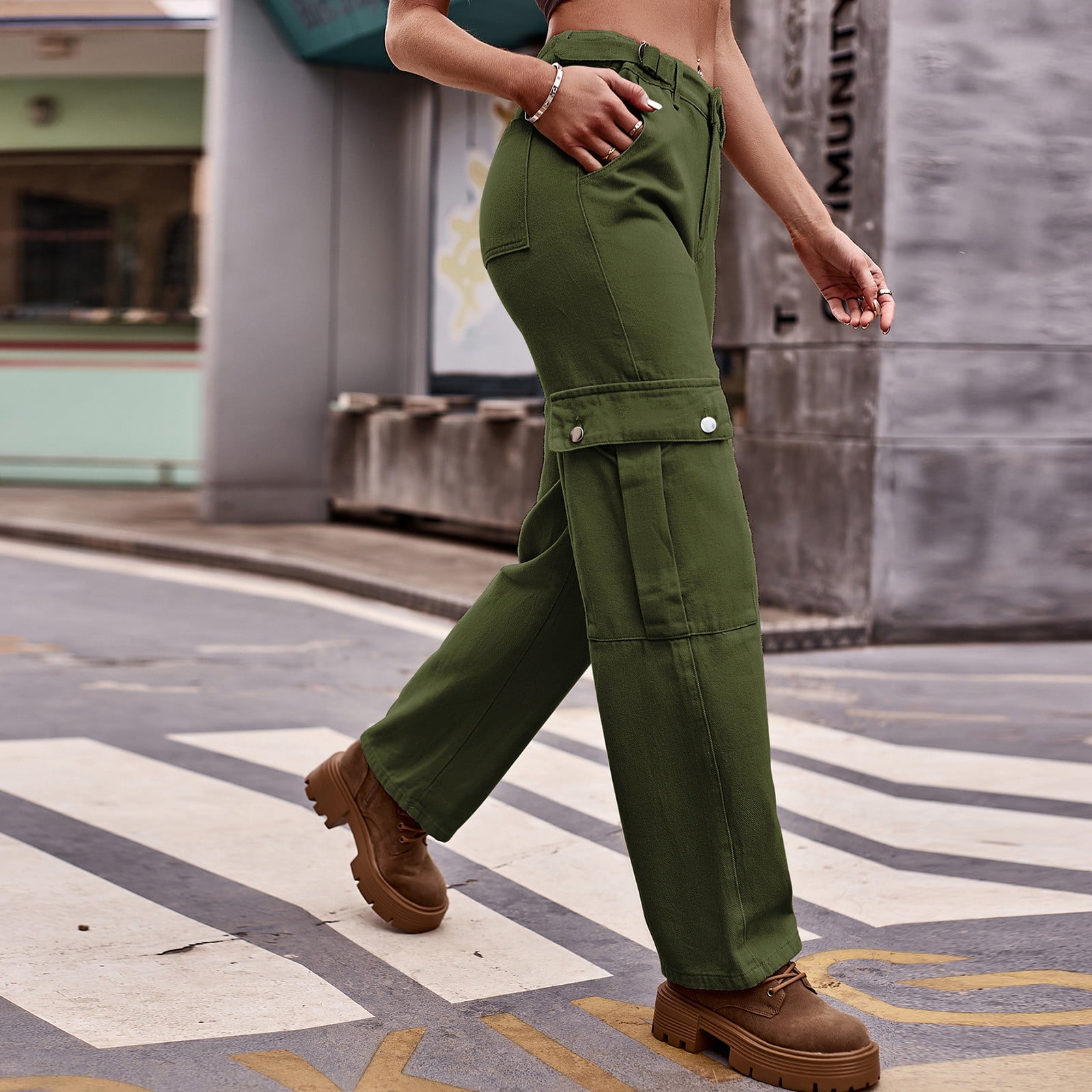 HUPOM Chino Pants For Women Training Pants Chinos Mid Waist Rise Long  Straight-Leg Army Green XL
