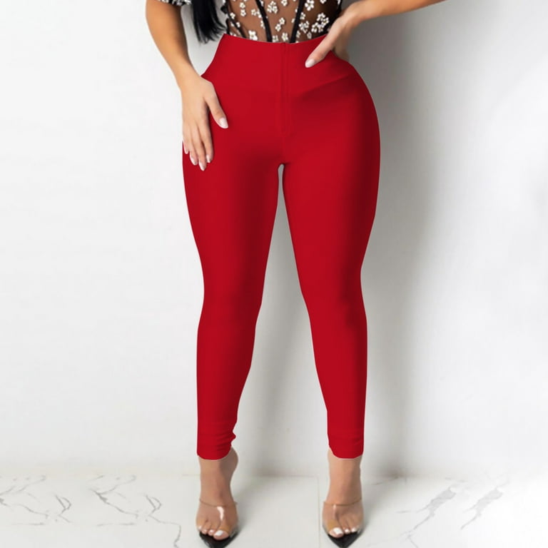 HUPOM Cropped Pants Women Pants For Women Compression High Waist Rise Long  Straight-Leg Red XL 