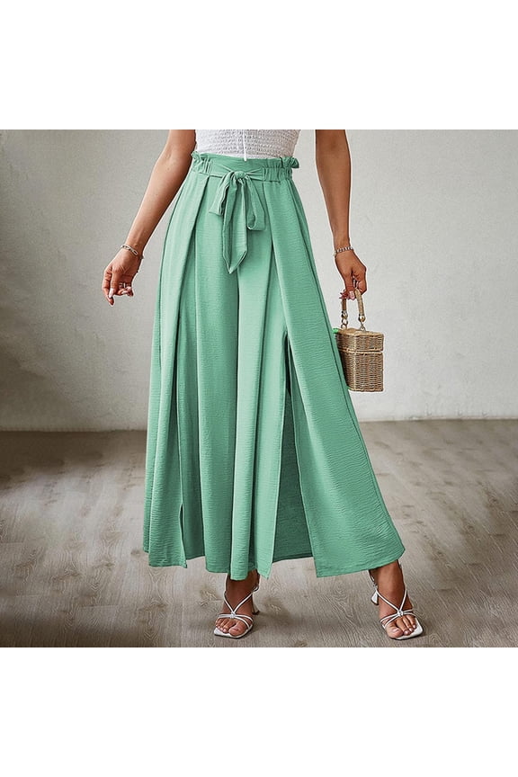 Dress Pants Women Pants Pleated High Waist Rise Long Flare-Leg Light Blue M