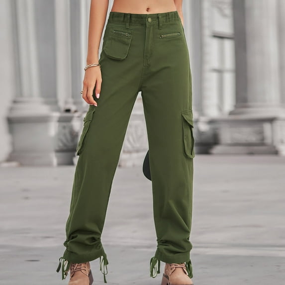HUPOM Dress Pants Women Women Capri Pants Carpenter High Waist Rise Long Slim Straight Army Green L