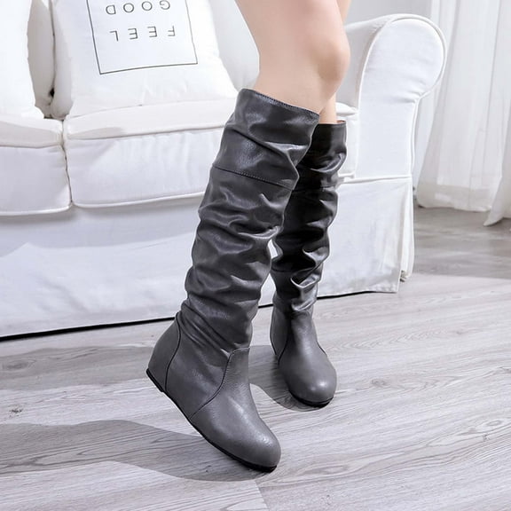 BONIXOOM Boots For Women Knee High Flats Flat Heel Leather Slip-On Knee High Boots Gray 43(US:9.5)