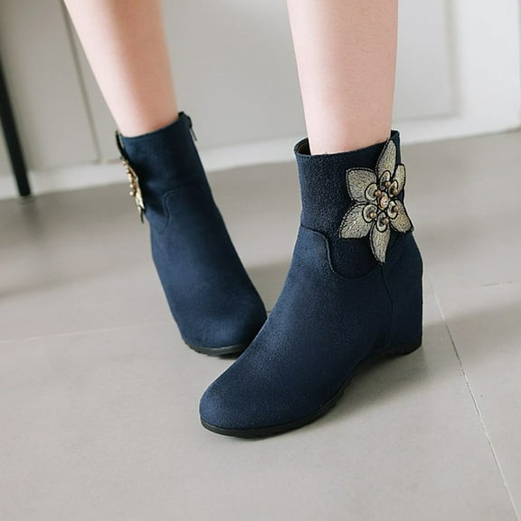 HUPOM Fall Boots For Women 2023 Wedges High Heel Rubber Slip-On Boots For Women Knee High Navy 37(US:6)