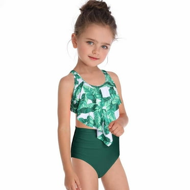 HUPOM Little Girls Summer Swimwear Clearance Flash Deals Solid High Cut Two-Piece Sets Green Swimsuit Size 5-6 Years