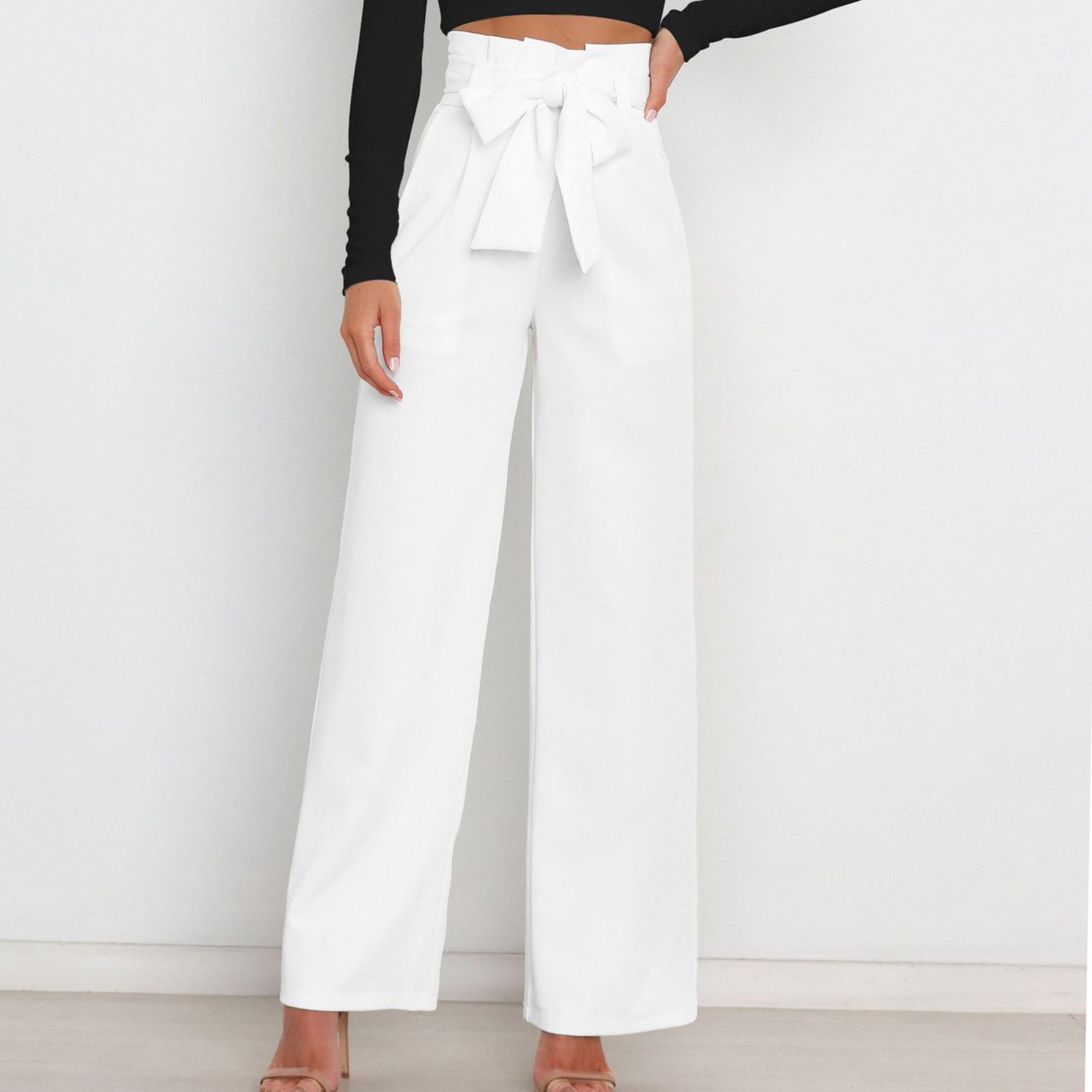 HUPOM Medieval Pants Pants Chinos Mid Waist Rise Full Flare-Leg White S