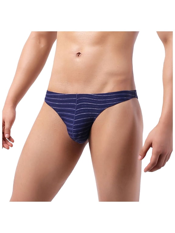 HUPOM Mens Underwear Boxer Briefs Male Thongs Low waist Drop Waist Striped Bikini Dark Blue M