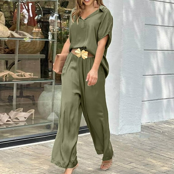 HUPOM Palazzo Pants For Women Dressy Women Capri Pants Trousers High Waist Rise Short Straight-Leg Army Green L