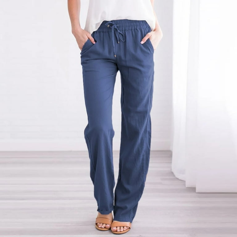 Women's Pant Womens Elastic Waist Solid Comfy Cotton Linen Pants With  Pockets Navy L