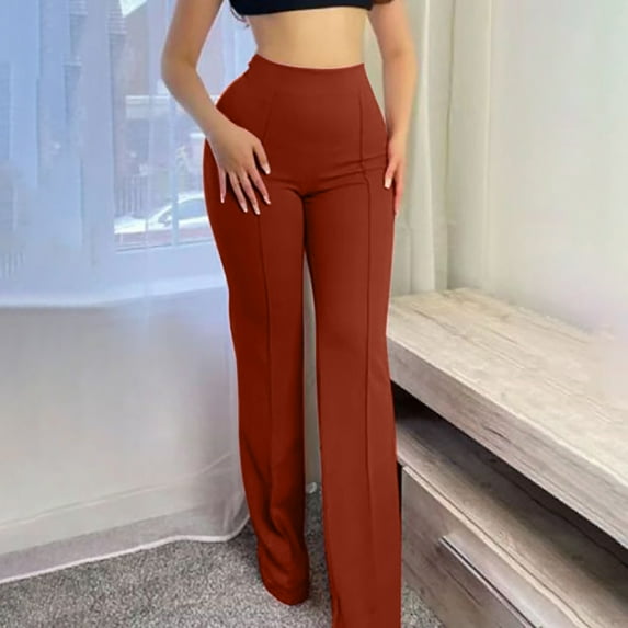 HUPOM Palazzo Pants For Women Training Pants Chinos High Waist Rise Full Cropped Flare Brown XL