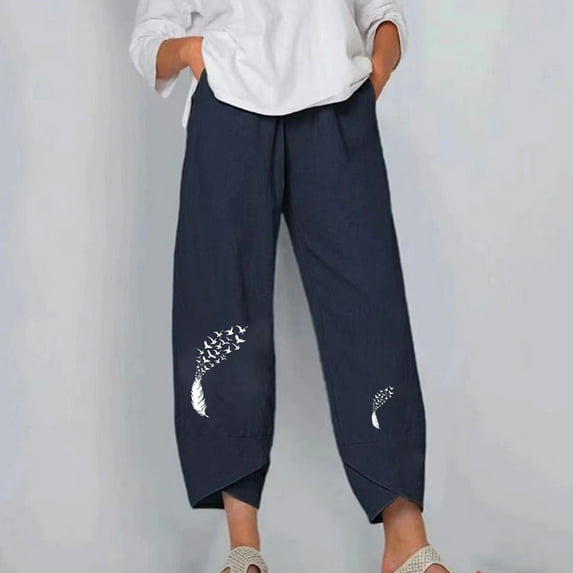 HUPOM Palazzo Pants For Women Women Capri Pants Chinos Low Waist Rise Full Straight-Leg Navy 2XL