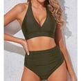 thumbnail image 1 of HUPOM Plus Size Swimsuit For Women Tie-Front Bikini Sleeveless Retro A-line Halter Army Green S, 1 of 7