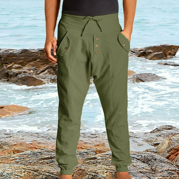 HUPOM Slim Fit Dress Pants For Men Pants Men Chinos High Waist Rise Long Straight-Leg Army Green L