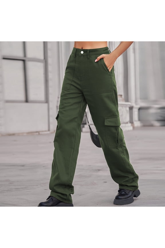 Trouser Pants For Women Cargo Pants Carpenter High Waist Rise Long Slim Straight Army Green S
