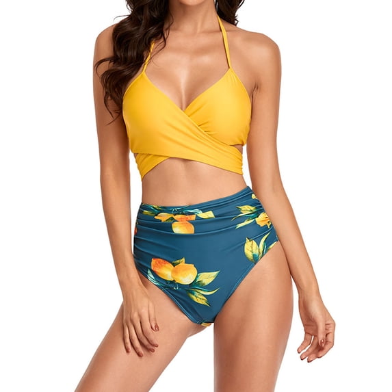 HUPOM Tummy Control Swimsuits For Women Mid Waist Sheath Bikinis Bikini Vacation Underwire Swimwear Clearance Yellow size 8