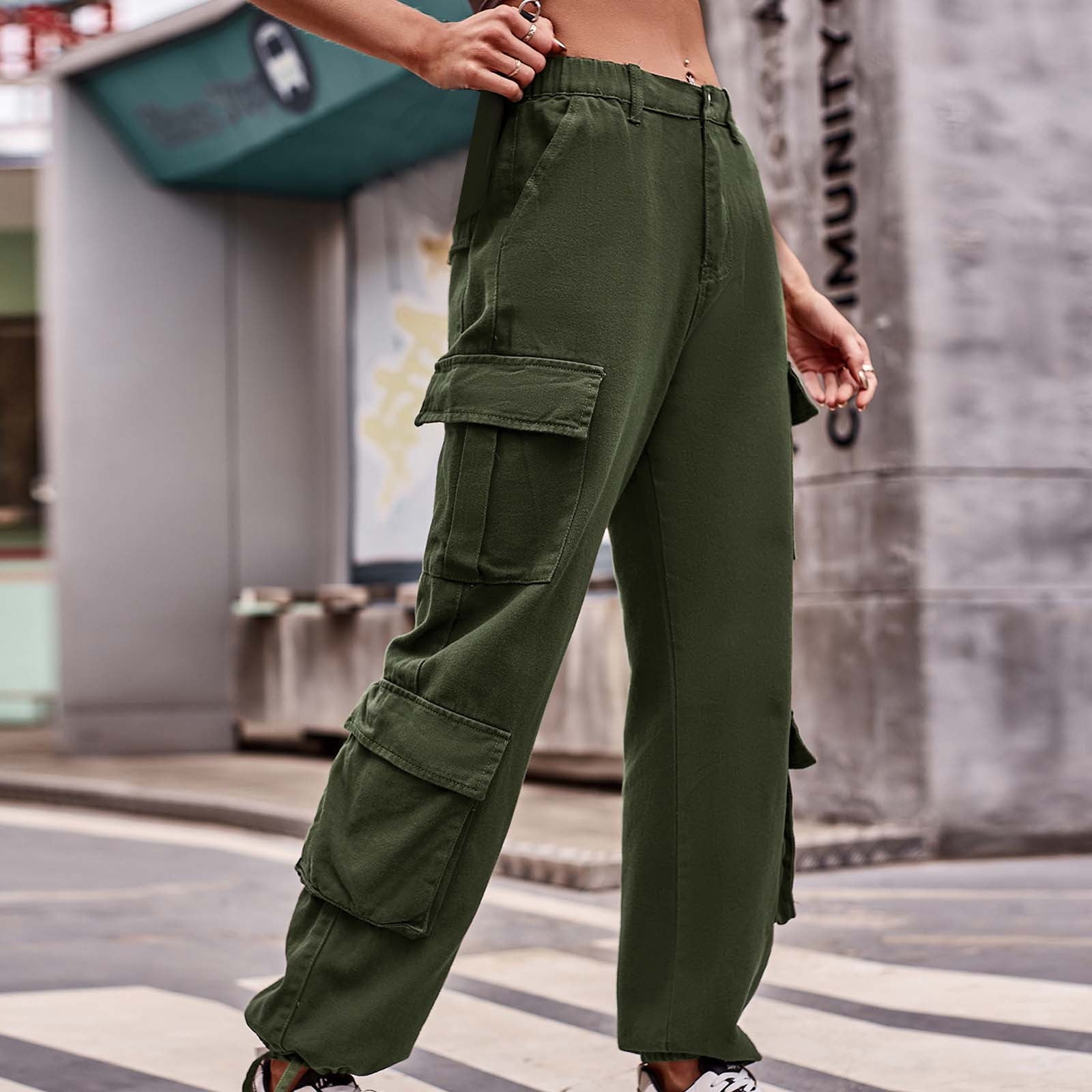 HUPOM Women'S Athletic Pants Cargo Pants Chinos Mid Waist Rise Long  Straight-Leg Army Green L 