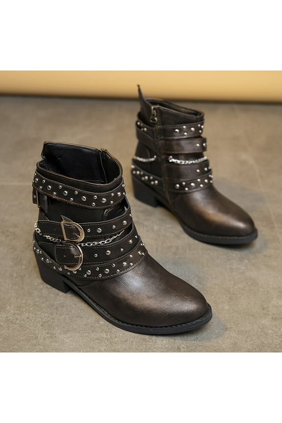 Womens Boots Pumps Mid Heel Leather Buckle Ankle Boots Brown 37(US:6)