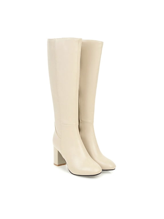 Womens Boots Pumps Mid Heel Rubber Slip-On Mid Calf Boots For Women Beige 40(US:7.5)