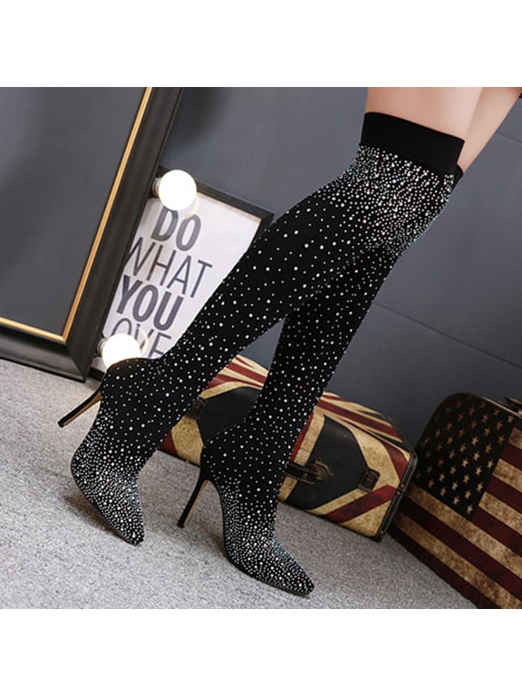 Womens Boots Wingtips High Heel Rubber Slip-On Knee High Boots Women Black 38(US:6.5)